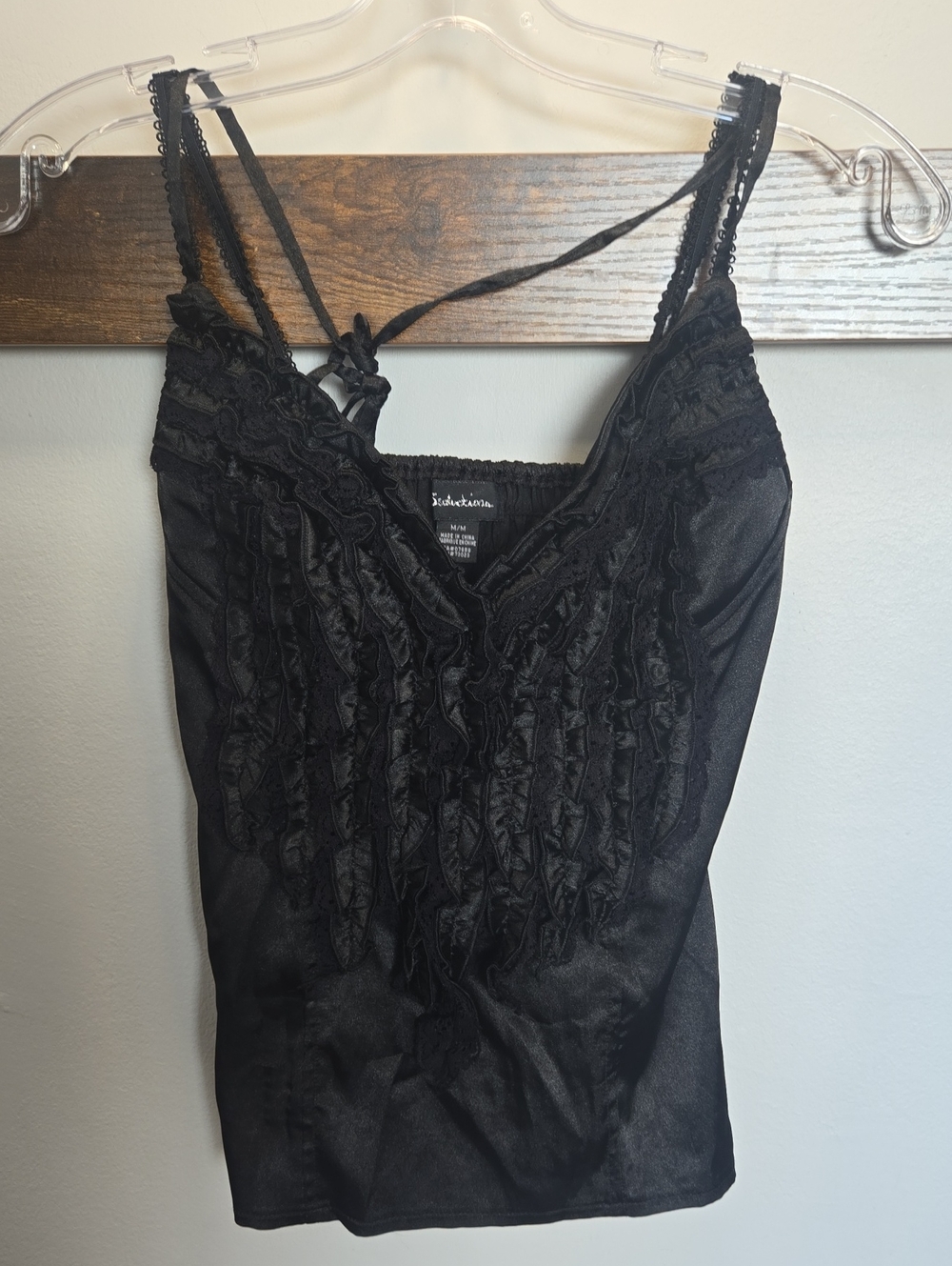 Black Ruffled Satin Camisole Halter Satiny Top